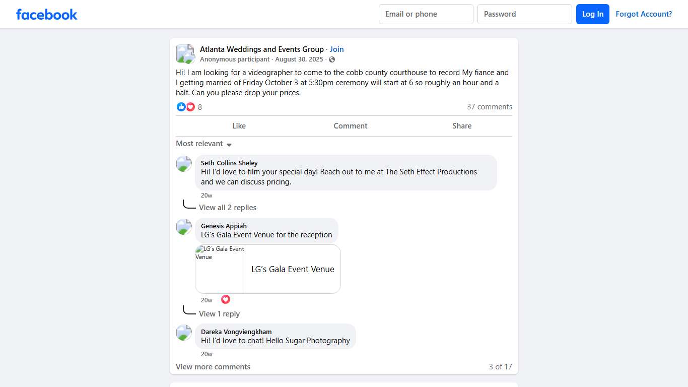 Atlanta Weddings and Events Group | Hi! I am looking for a videographer to come to the cobb county courthouse to record My fiance and I getting married of Friday October 3 at 5:30pm cere... | Facebook